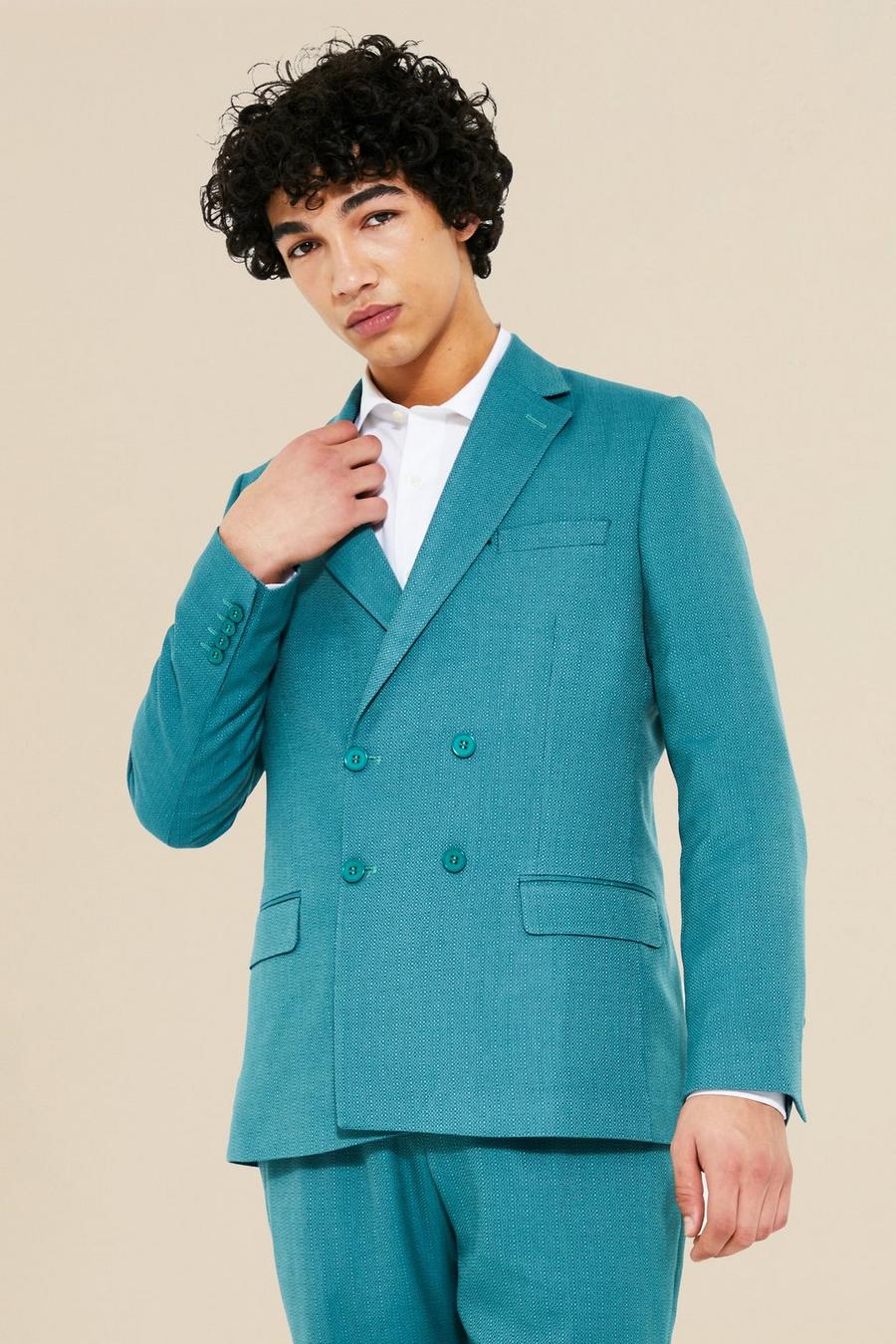 Teal green Double Breasted Slim Textured Suit Jacket