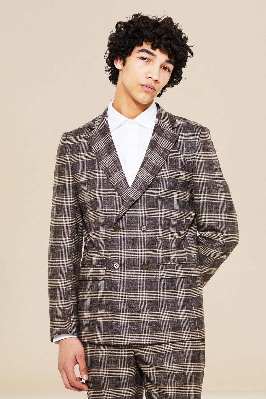 Brown marron Double Breasted Slim Check Suit Jacket