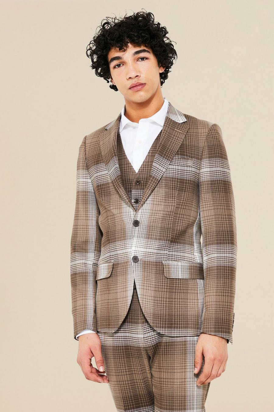 Brown Single Breasted Skinny Check Suit Jacket image number 1