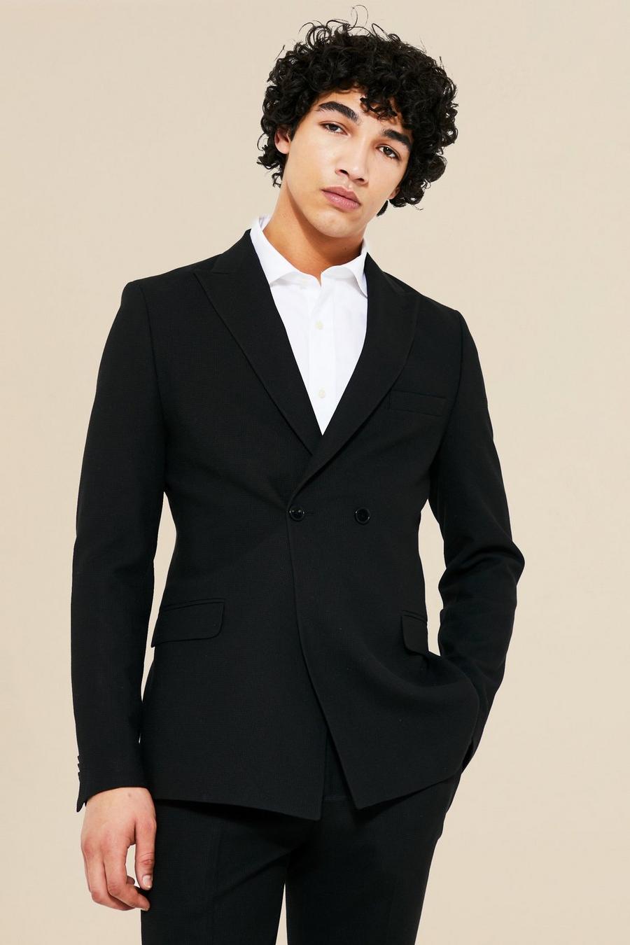 Black Double Breasted Skinny Seersucker Suit Jacket image number 1