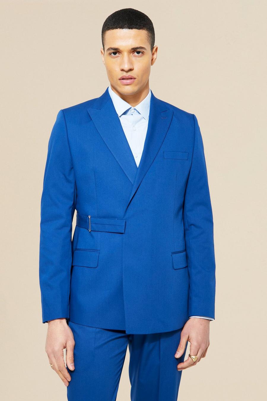 Navy Double Breasted Belted Slim Suit Jacket 