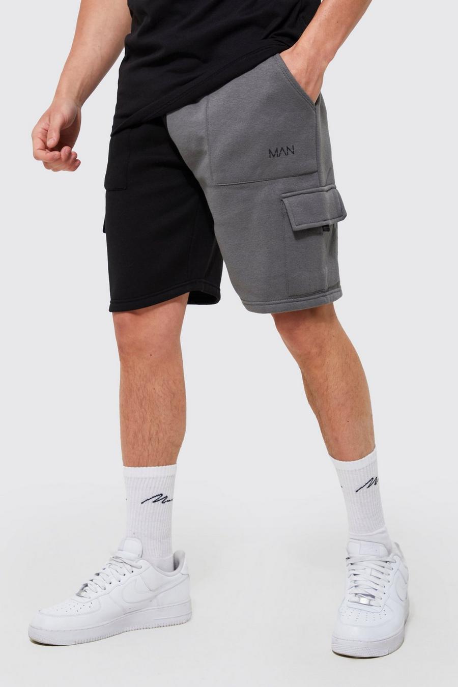 Black Loose Fit Man Spliced Cargo Jersey Shorts image number 1