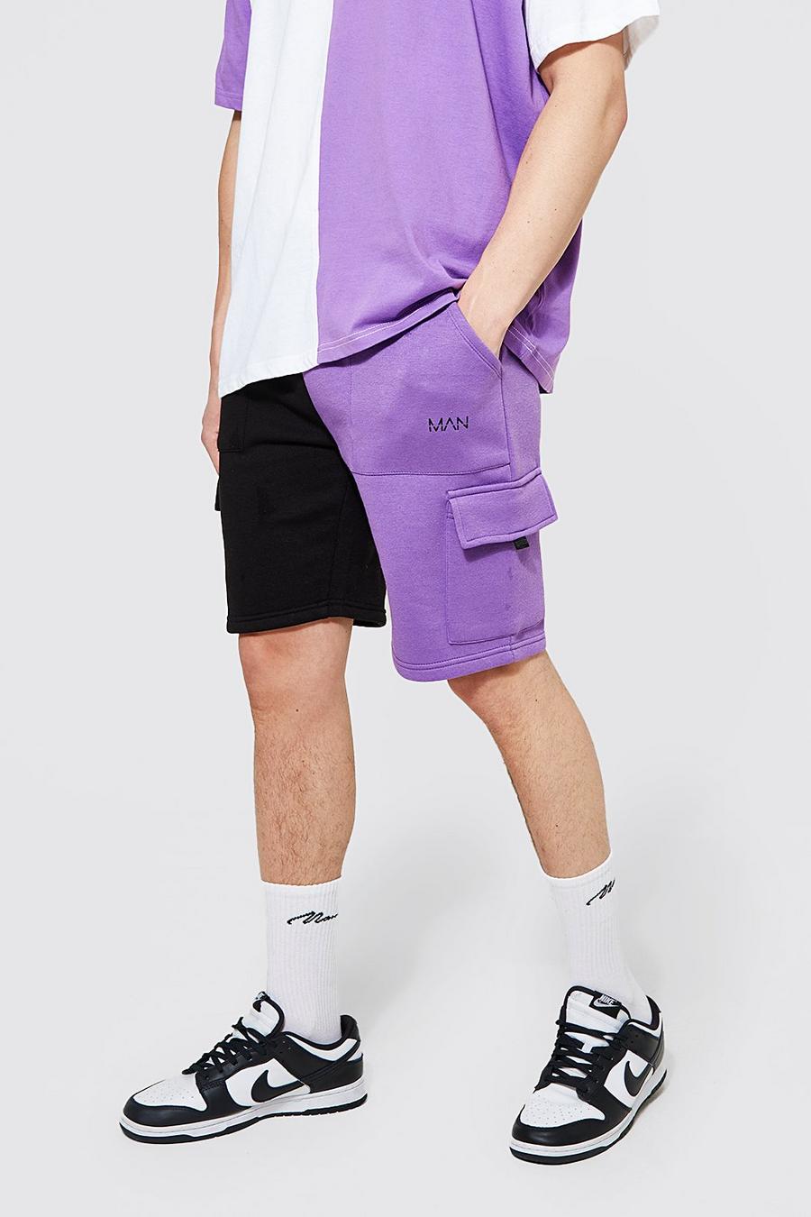 Purple Loose Fit Man Spliced Cargo Jersey Shorts