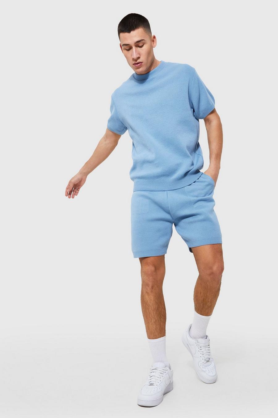 Dusty blue Knitted T-shirt & Shorts Set