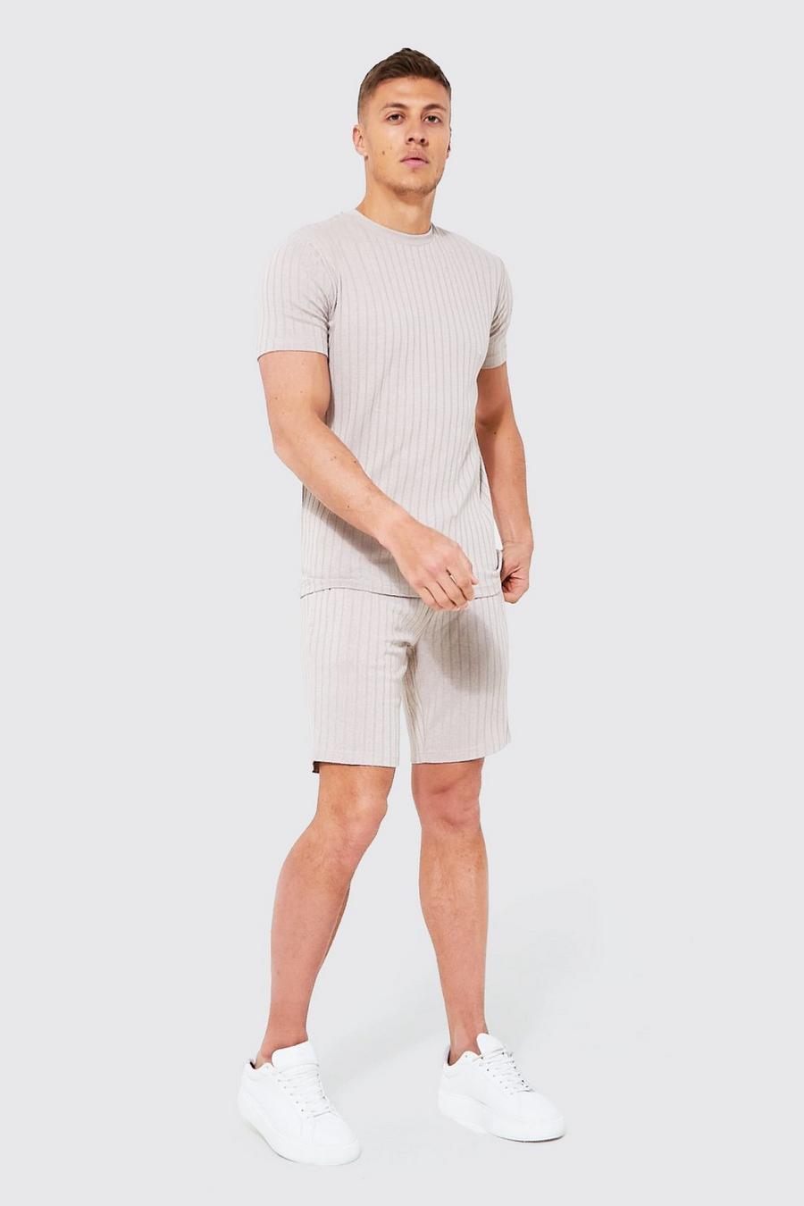 Stone beige Ribbed Knitted T-shirt & Shorts Set