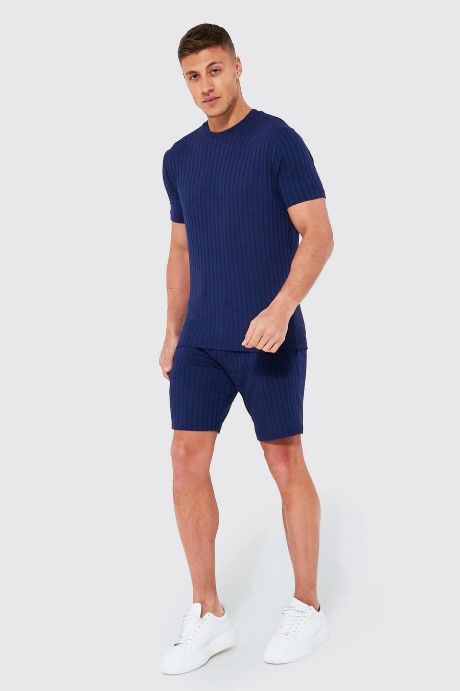 Navy Ribbed Knitted T-shirt & Shorts Set image number 1