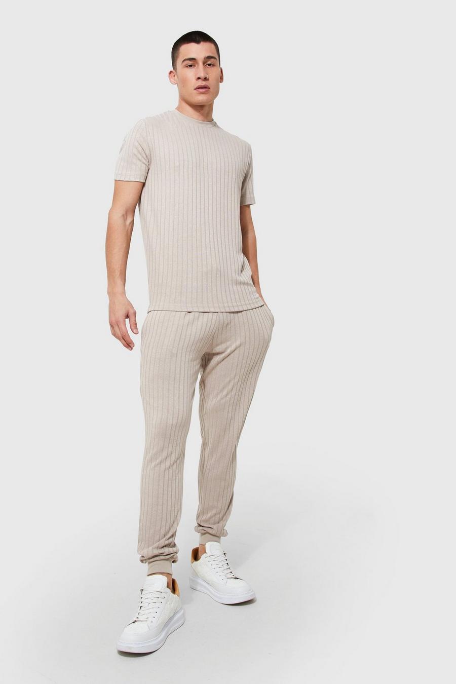 Stone Ribbed Knitted T-shirt & Jogger Set image number 1
