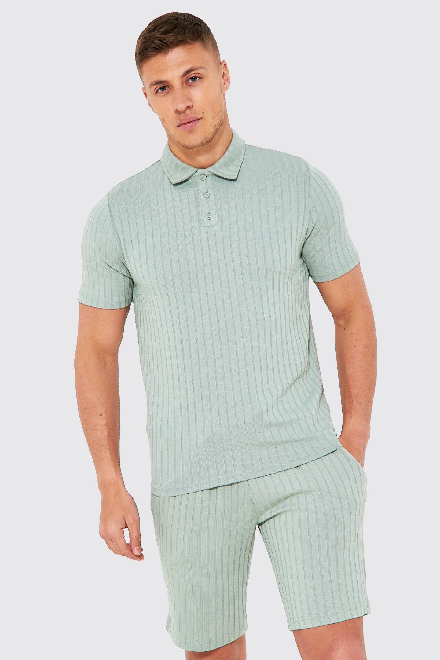 Ribbed Polo Shirt and Shorts Set