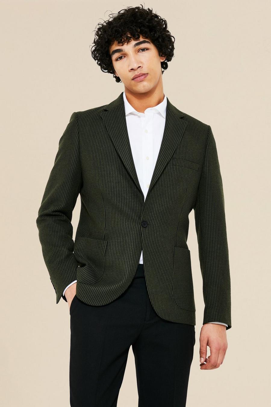 Green Slim Fit Dogstooth Blazer Met Textuur image number 1