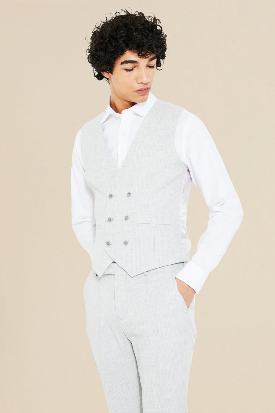 Grey Double Breasted Skinny Textured Waistcoat image number 1