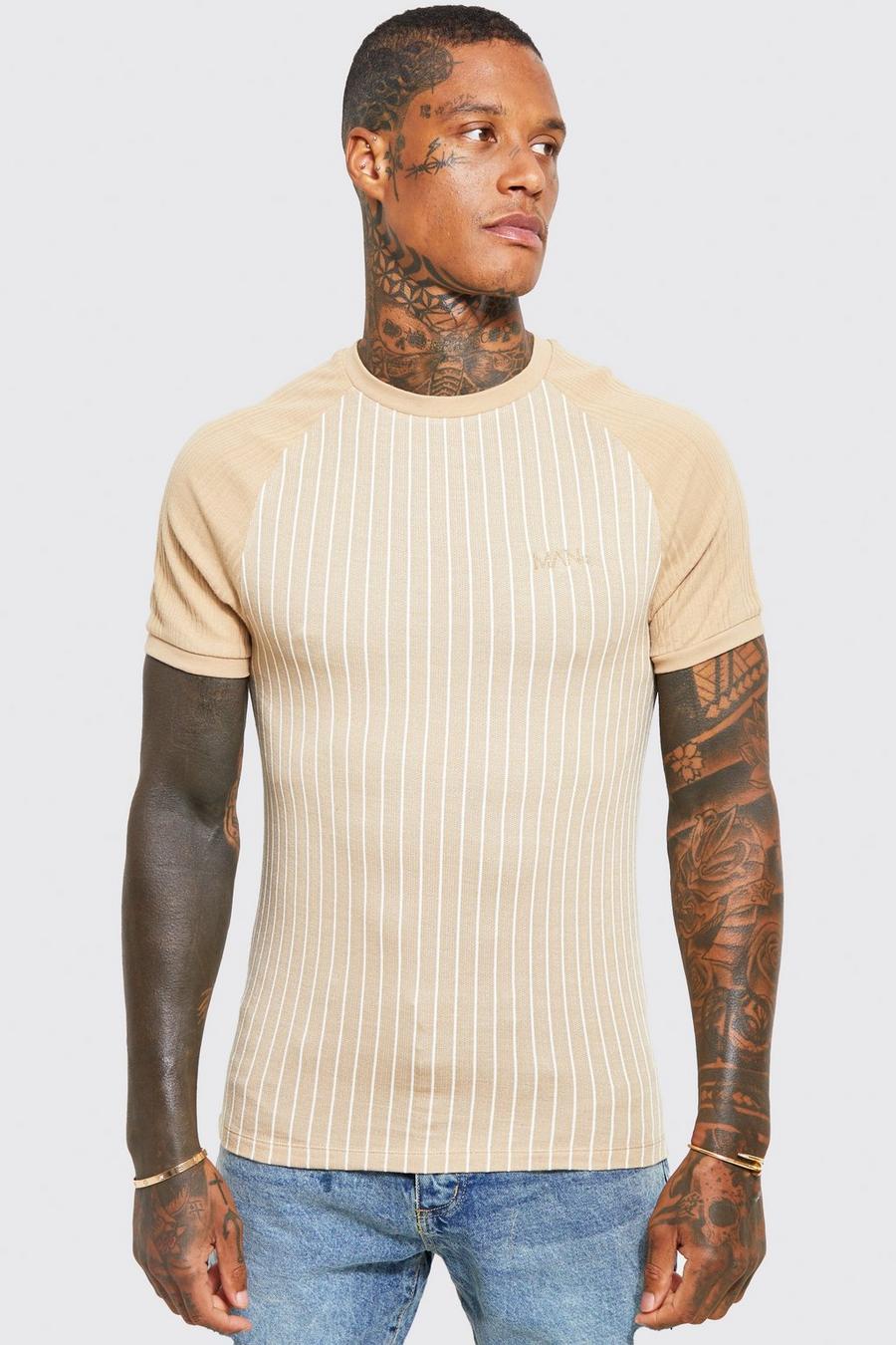 Gestreiftes Muscle-Fit Jacqaurd Raglan T-Shirt, Stone beige