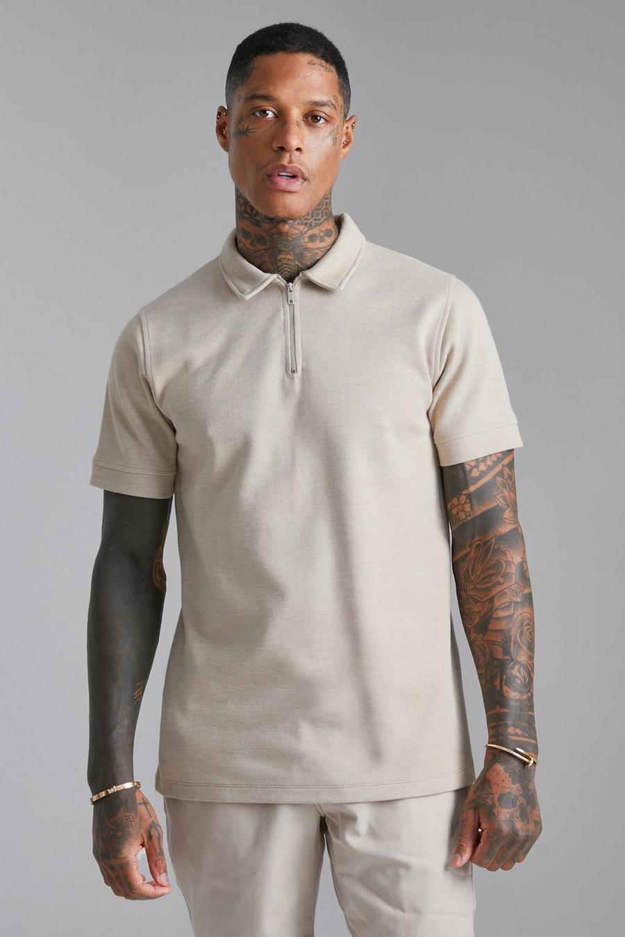 Stone beige Smart Slim Fit Textured Zip Polo image number 1