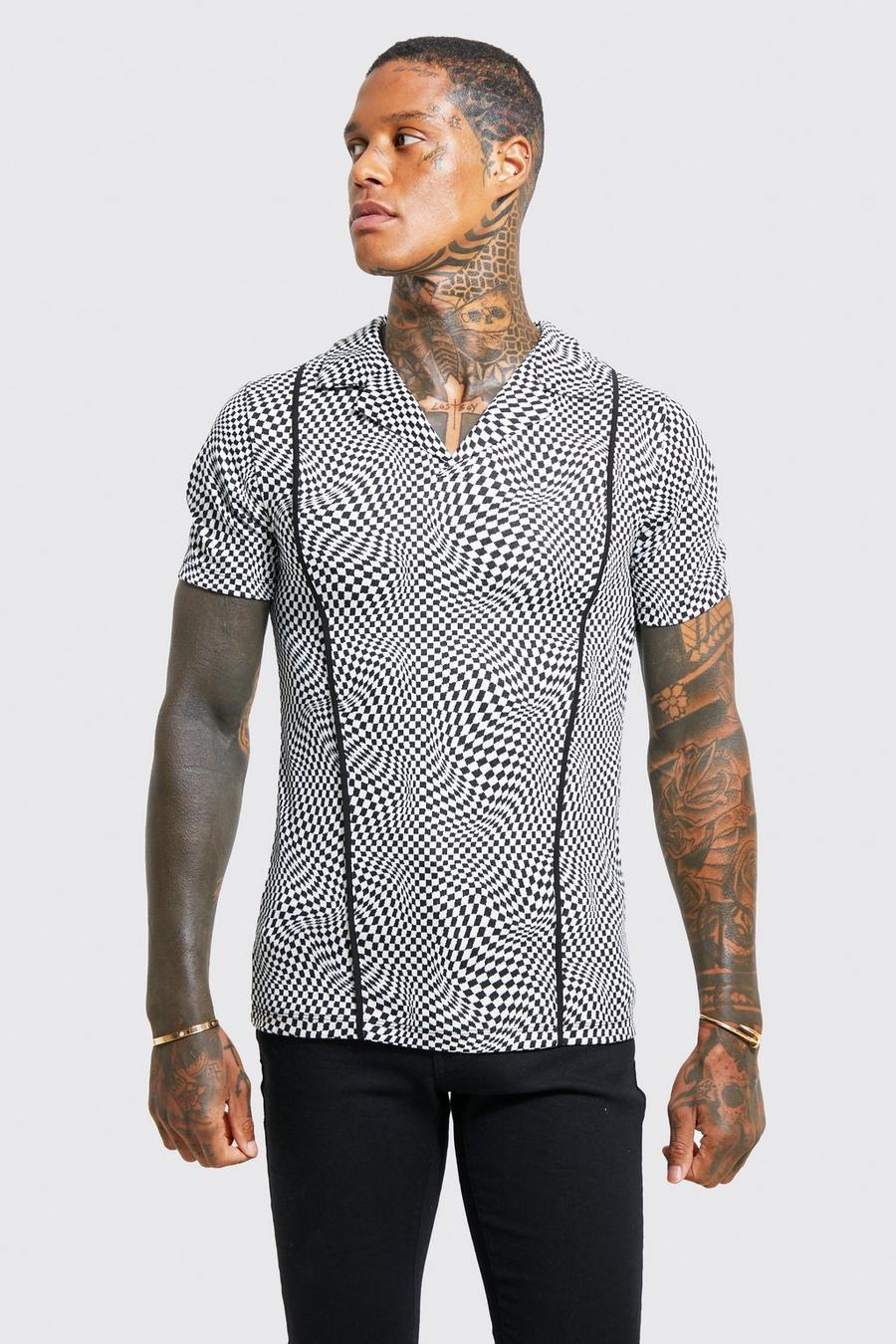 Black Muscle Fit Checkerboard Jacquard Revere Polo image number 1