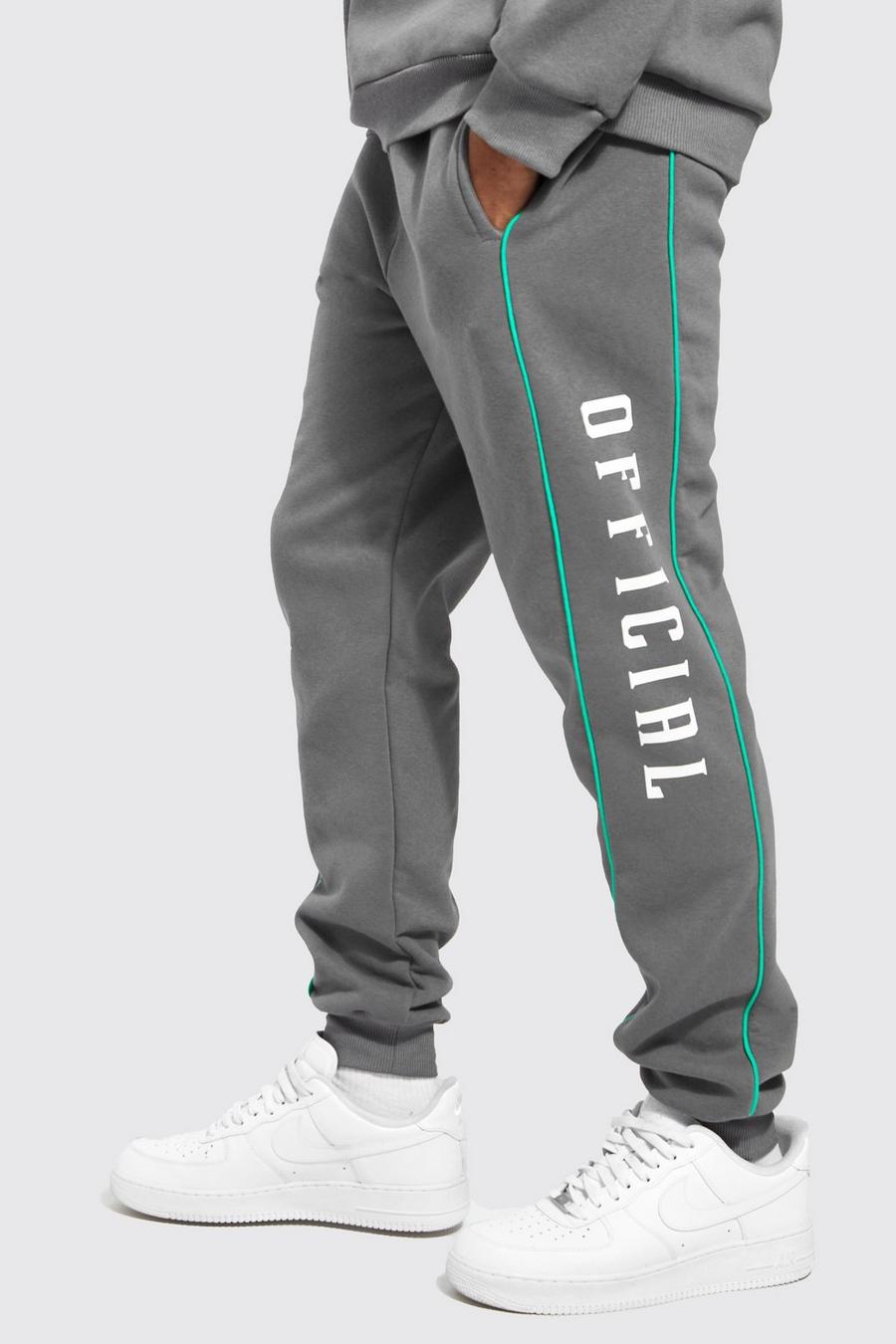 Pantalón deportivo ajustado con ribete y estampado Official, Charcoal image number 1