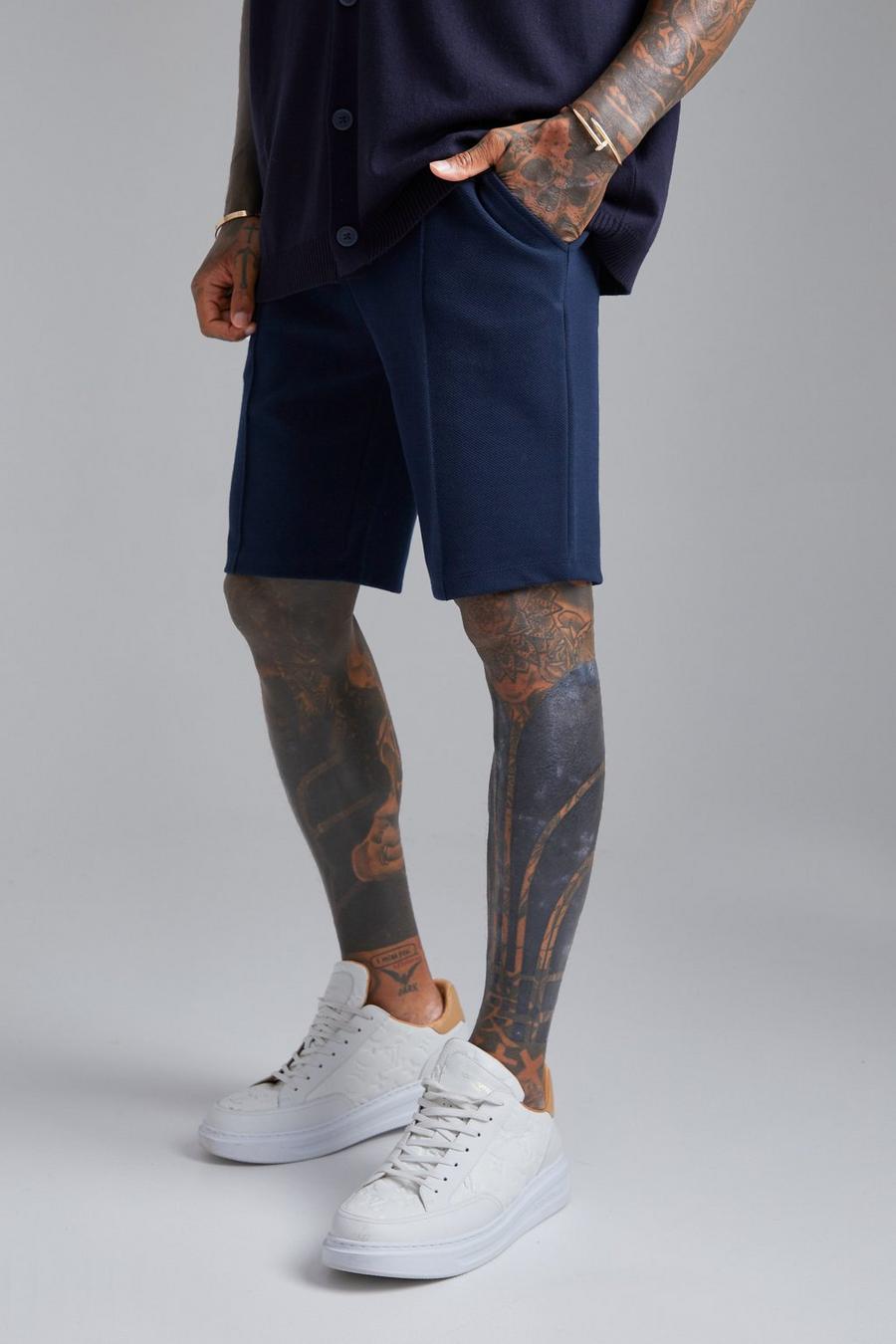 Navy Smart Slim Fit Mid Textured Jersey Short image number 1