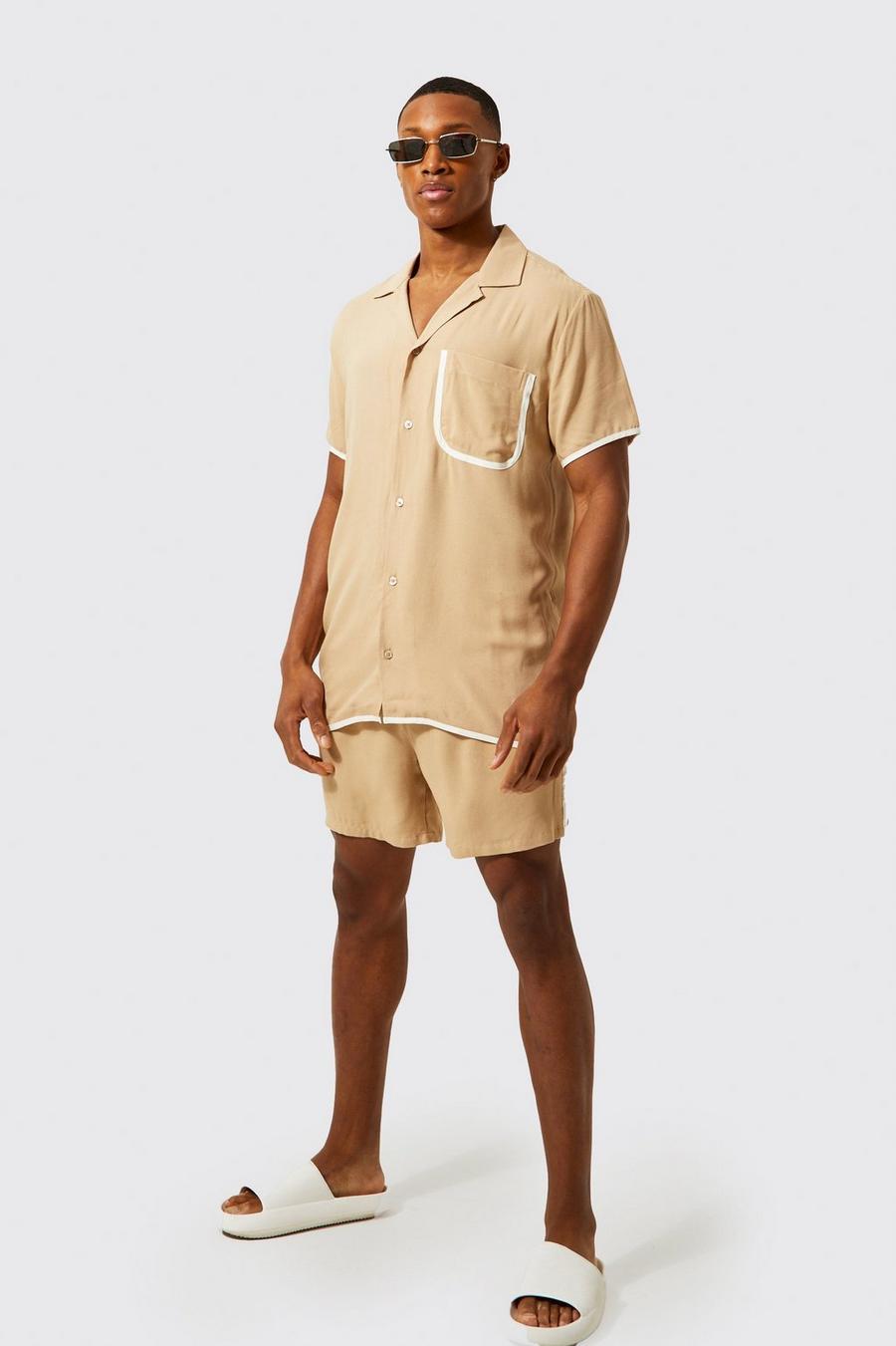 Taupe beige Short Sleeve Piping Shirt And Short