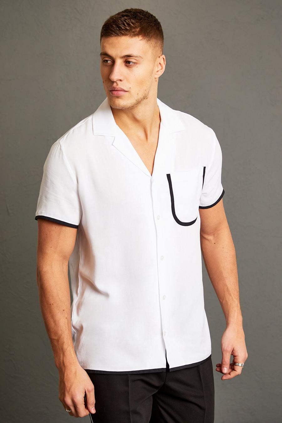 White Short Sleeve Revere Shirt With Piping image number 1