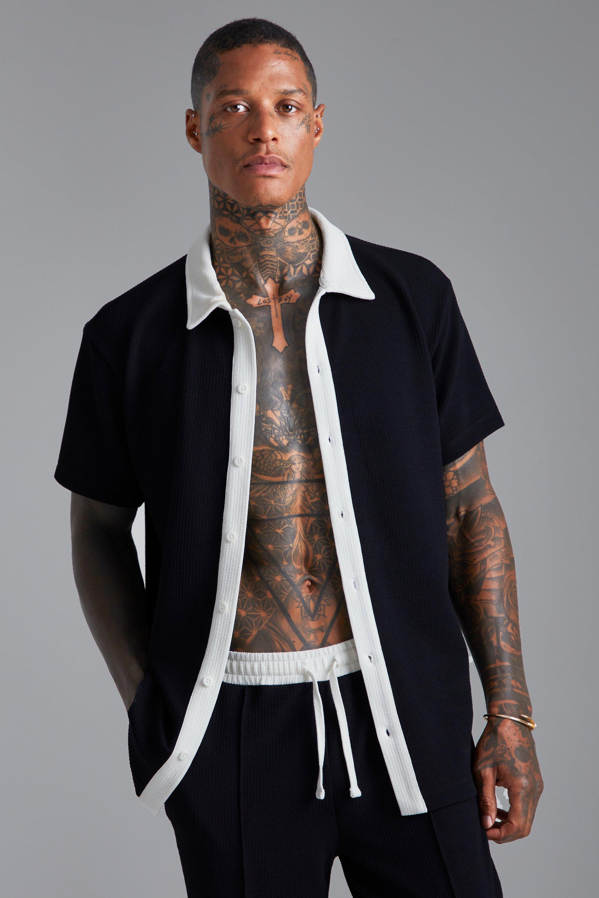 Black Short Sleeve Jersey Textured Shirt
