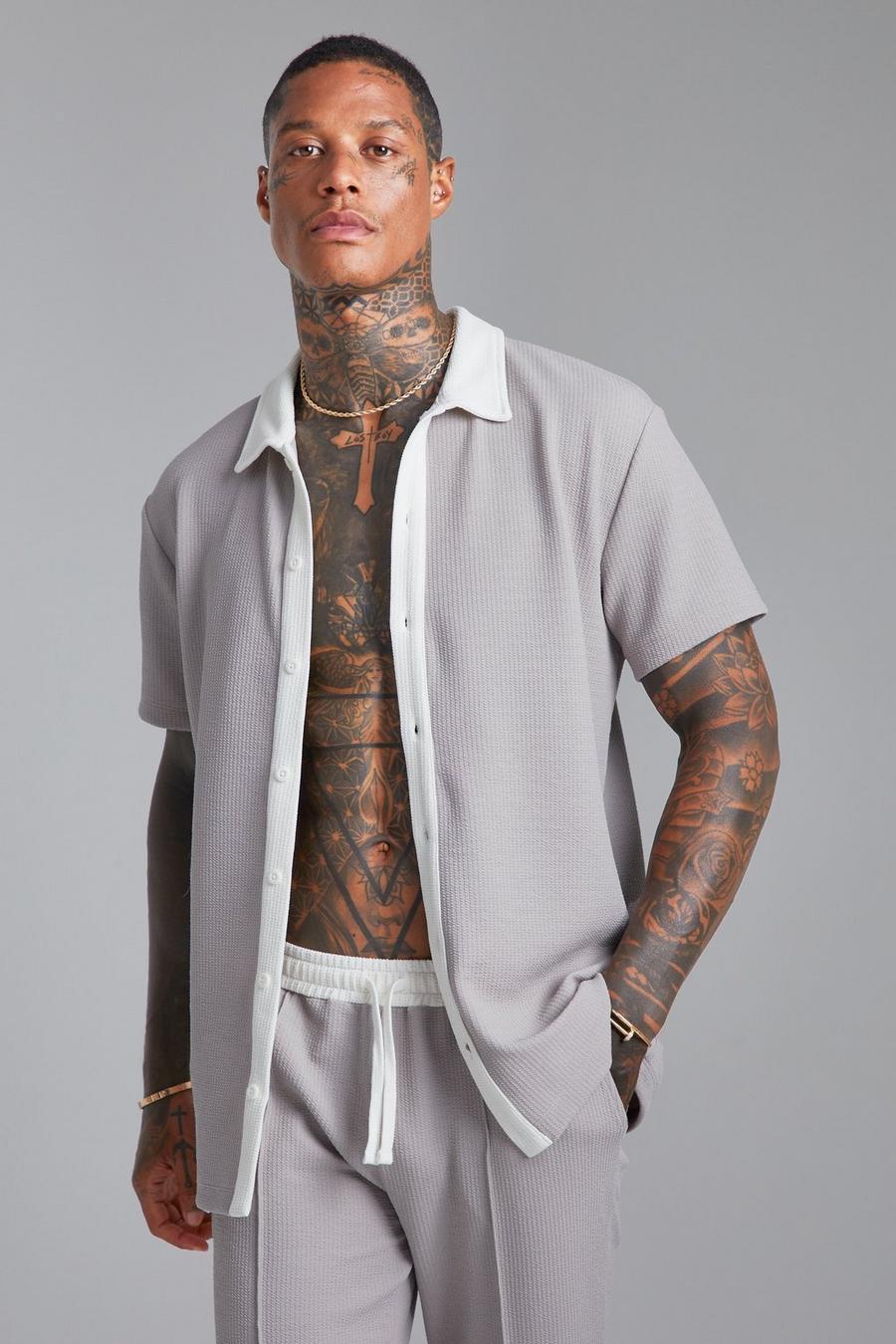 Camicia a maniche corte in jersey con trama in rilievo, Grey image number 1