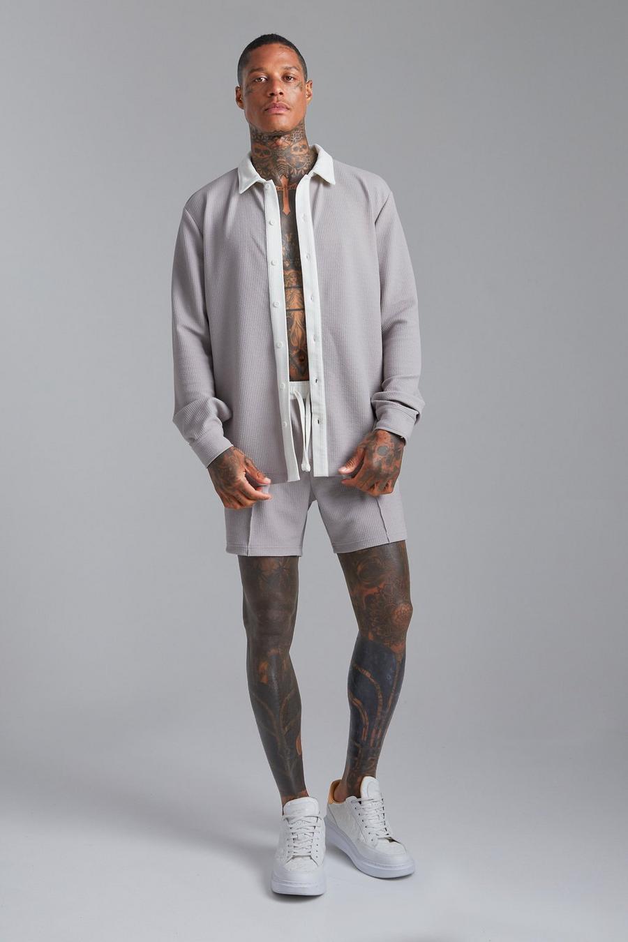 Pantalón corto y camisa texturizada de manga larga y tela jersey, Grey grigio image number 1