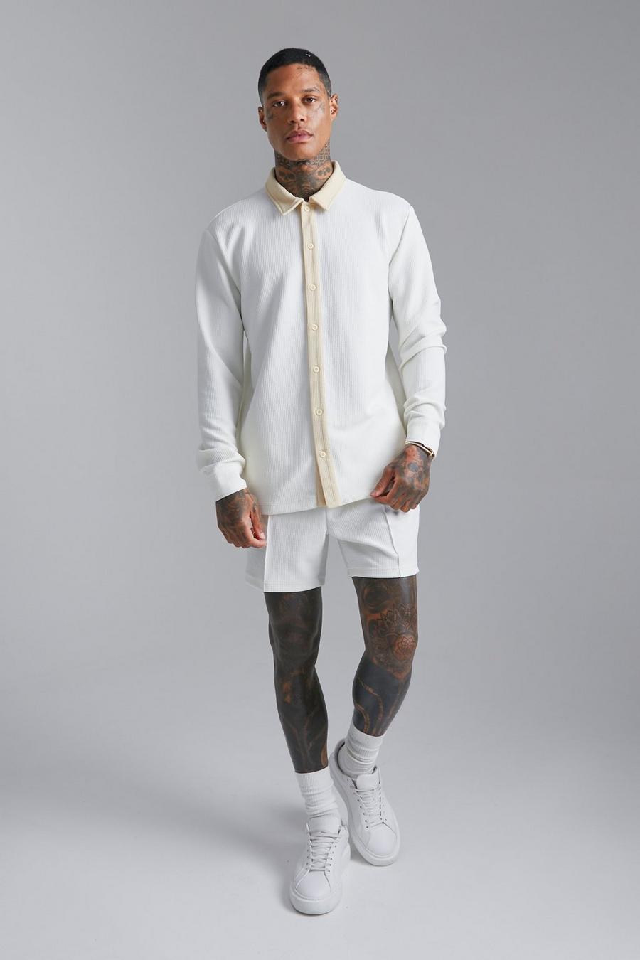 Pantalón corto y camisa texturizada de manga larga y tela jersey, Ecru bianco image number 1