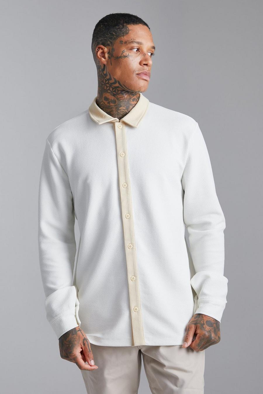 Camisa de manga larga y tela jersey texturizada, Ecru bianco