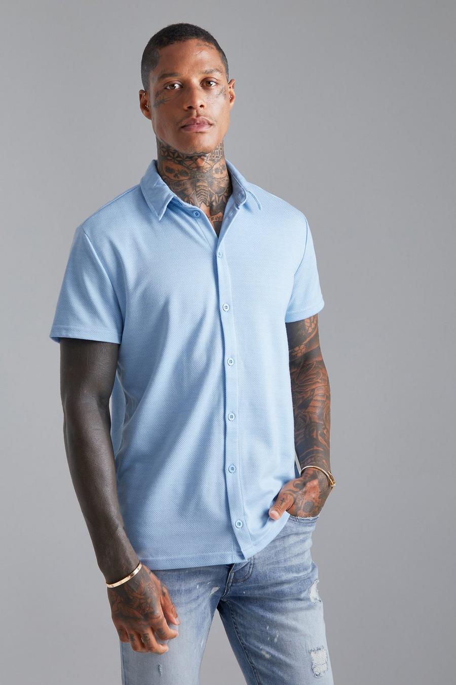 כחול בהיר חולצת ג'קארד עם הדפס משבצות ושרוולים קצרים image number 1