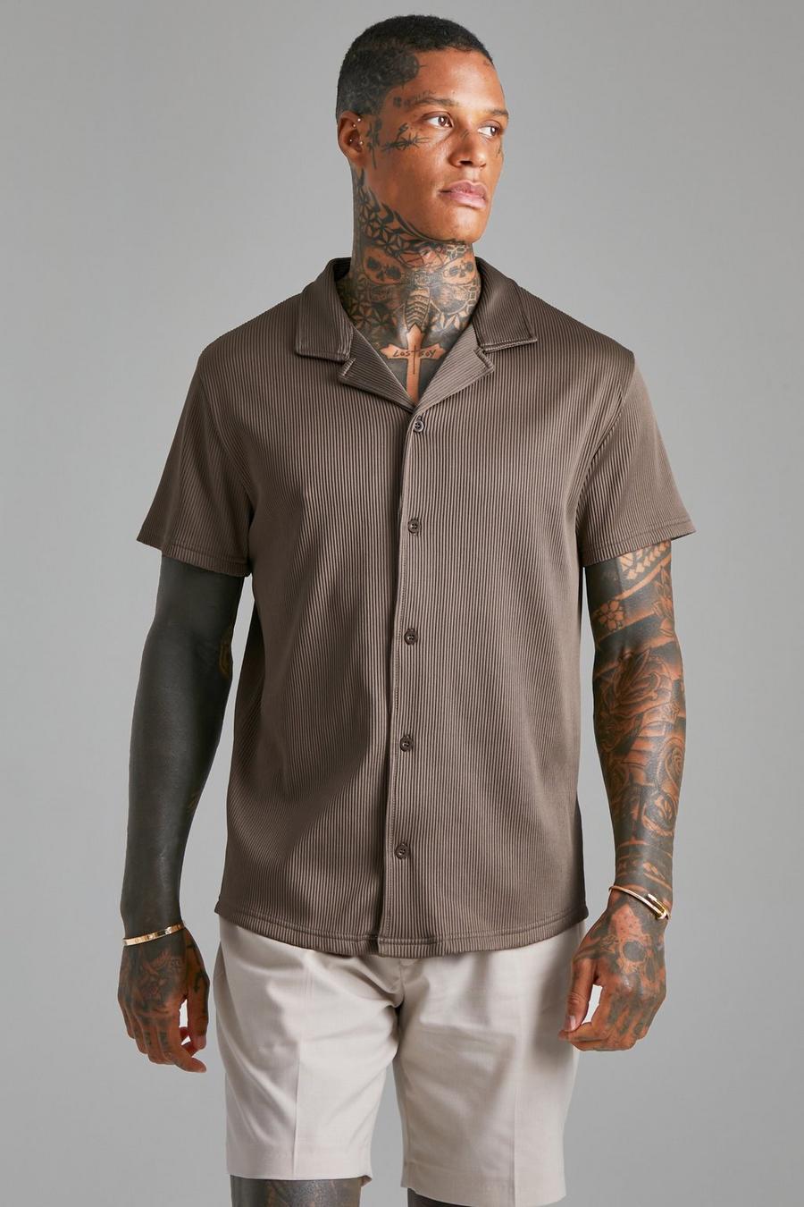 Chocolate marron Short Sleeve Revere Ribbed  Shirt