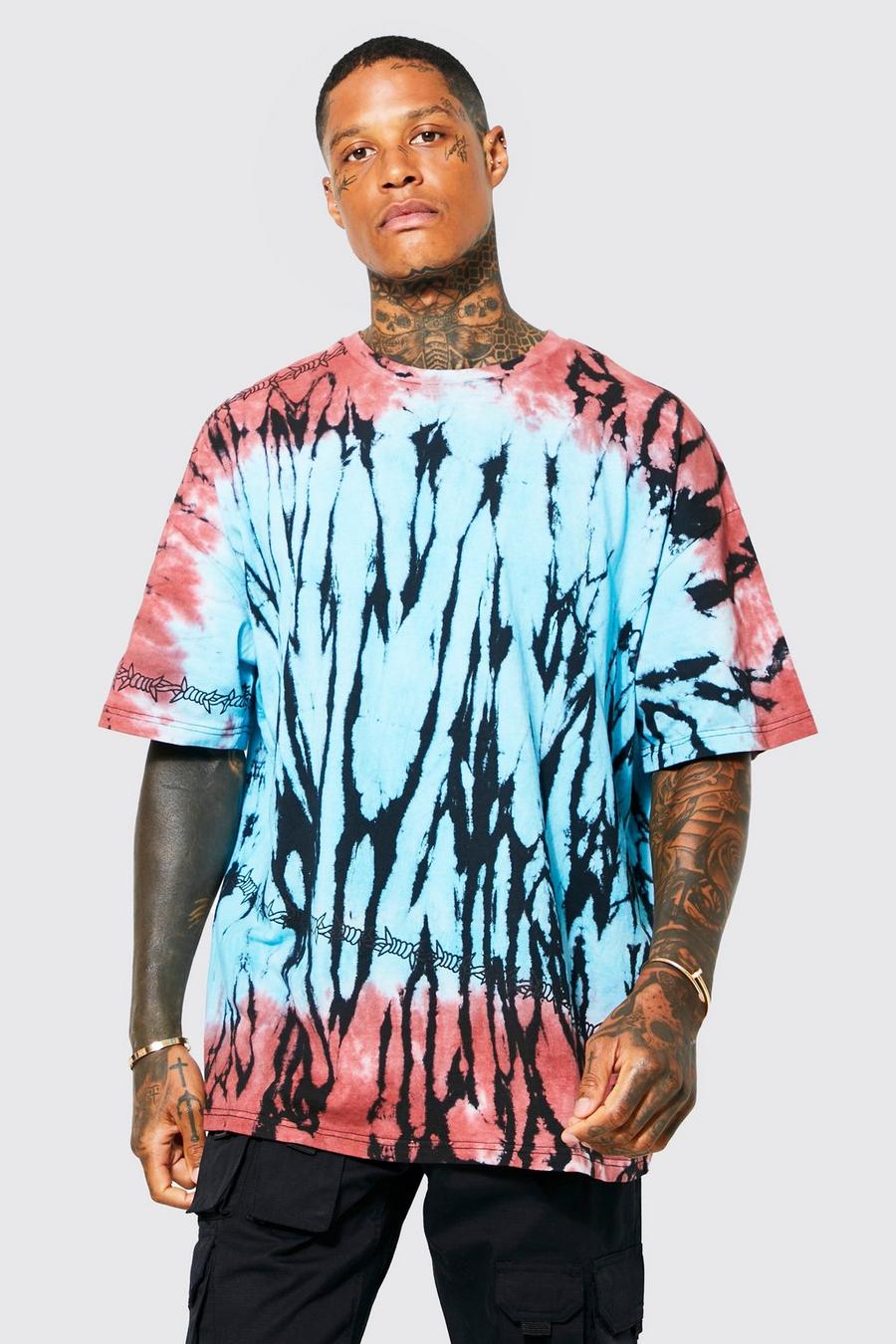 Blue Oversized Barbed Wire Print Tie Dye T-shirt image number 1