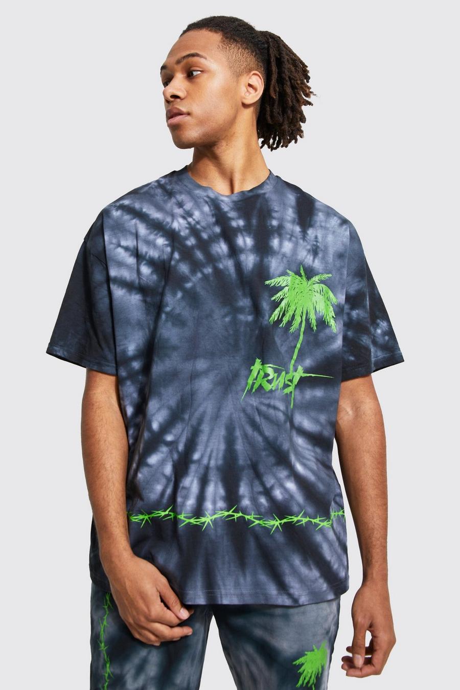 Black Oversized Palm Tree Graphic Tie Dye T-shirt image number 1
