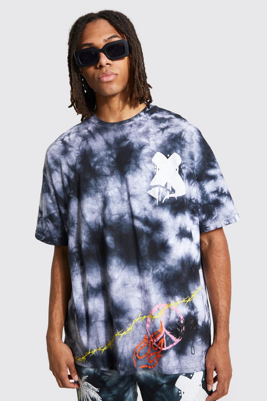 Black Oversized Palm Graffiti Print Tie Dye T-shirt image number 1