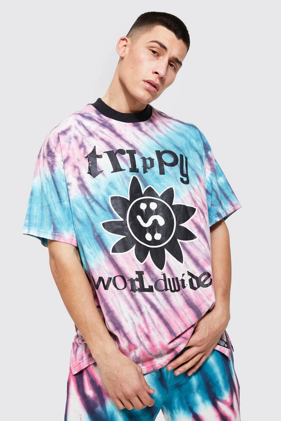 Grey Oversized Trippy Graphic Tie Dye T-shirt image number 1