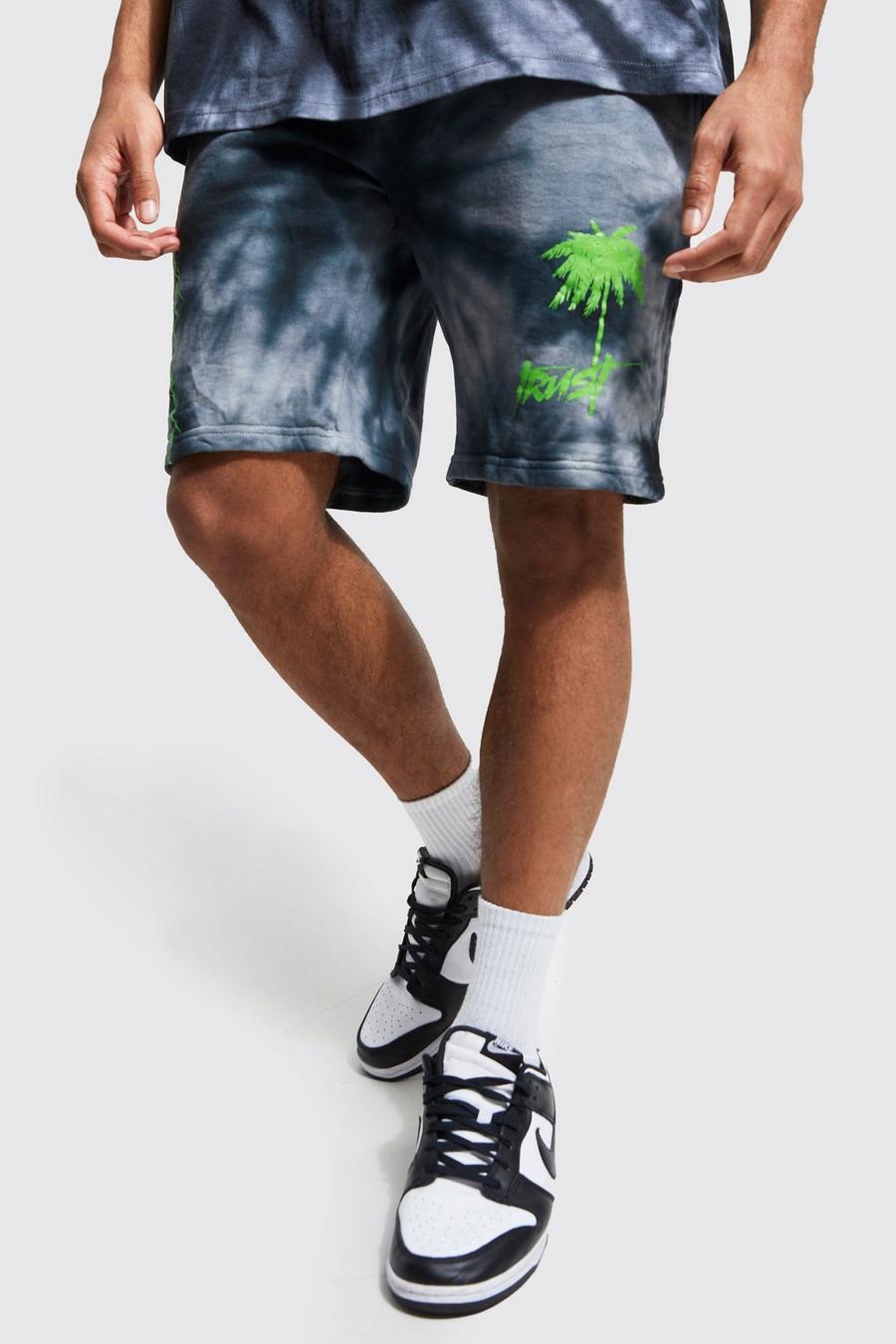 Black Loose Fit Palm Tree Graphic Tie Dye Short image number 1