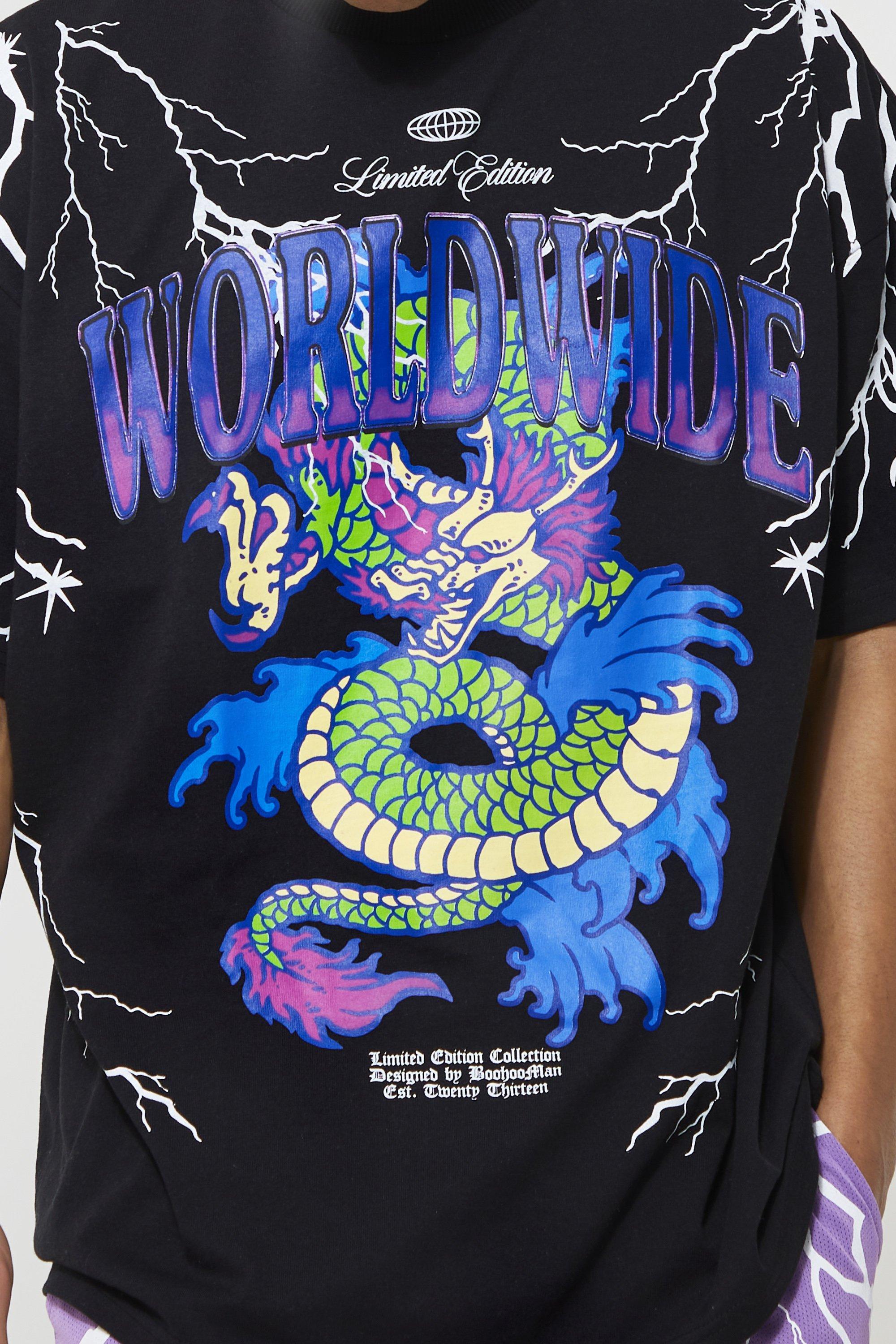 Men's Tall Oversized Dragon Lightning Print T - Boohoo UK