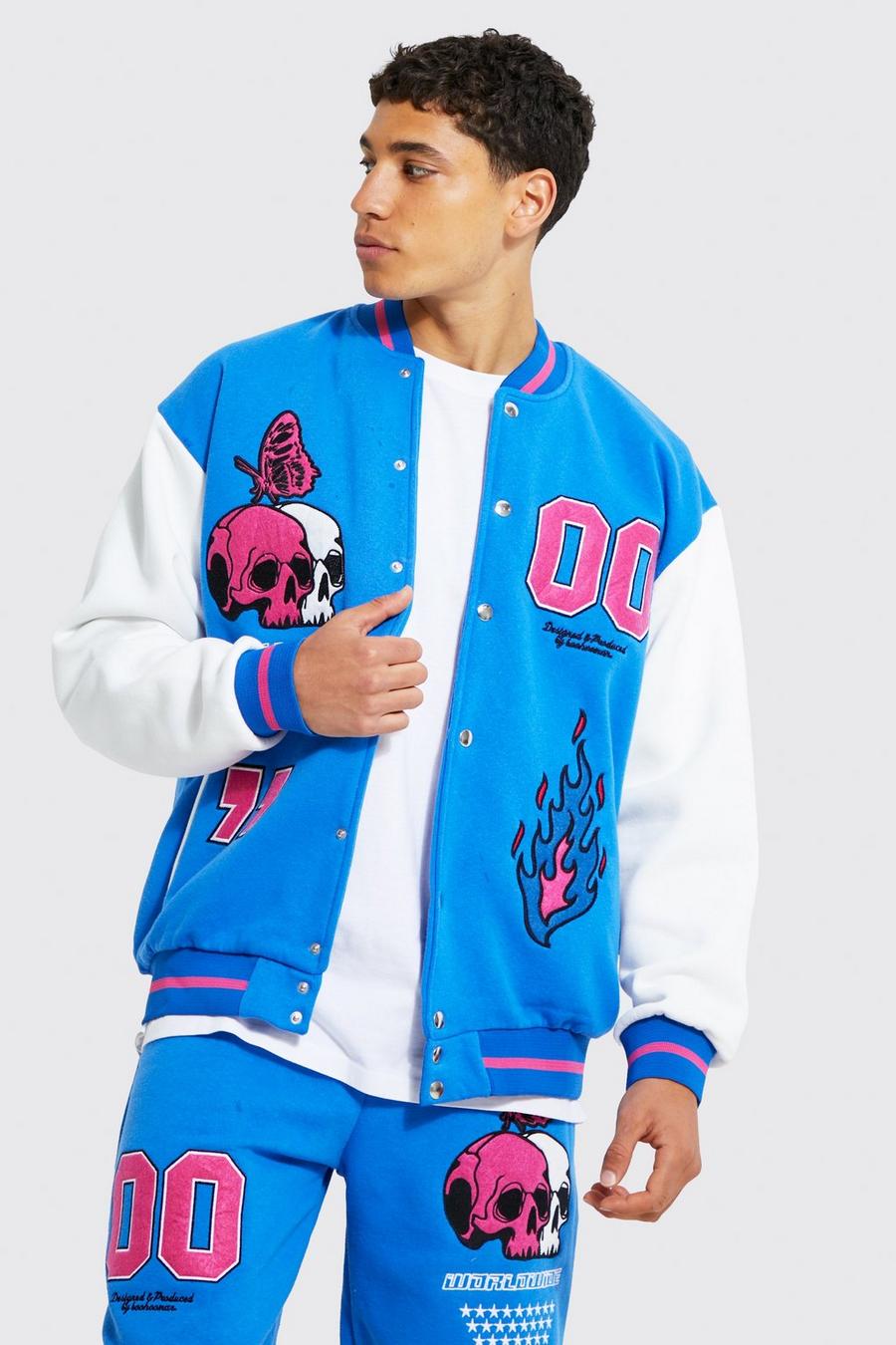 Giacca Bomber stile Varsity in jersey con stemmi, Blue image number 1