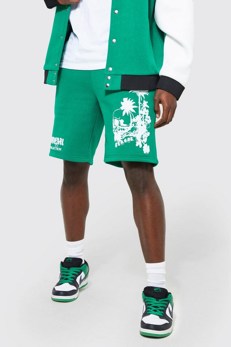 Green Oversized Varsity Skull Jersey Shorts