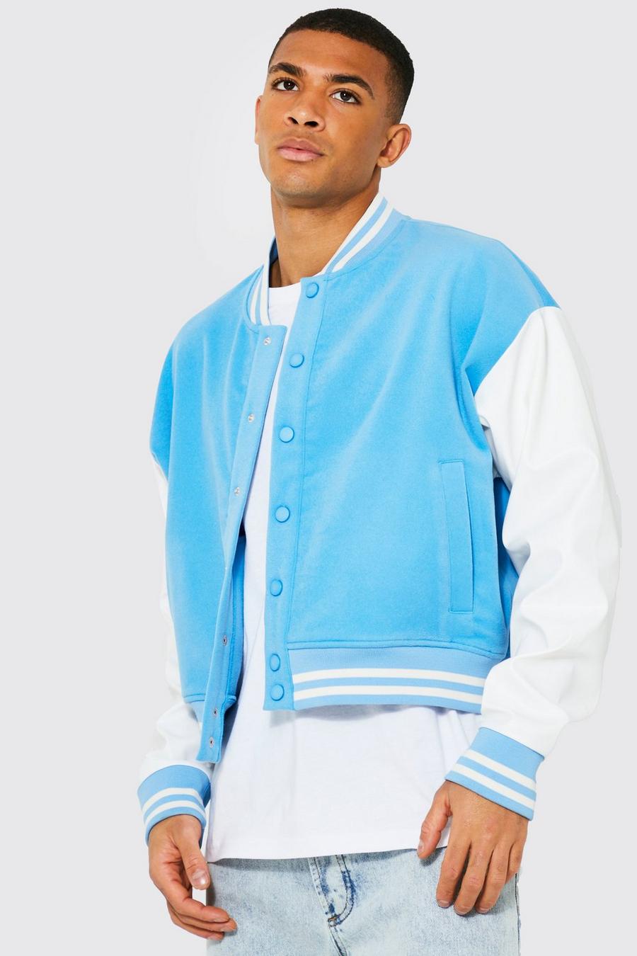 Blue Wool Look Contrast Sleeve Boxy Bomber image number 1