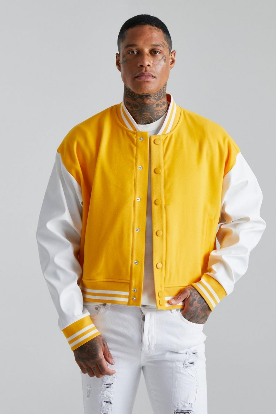 Yellow Wool Look Contrast Sleeve Boxy Bomber image number 1