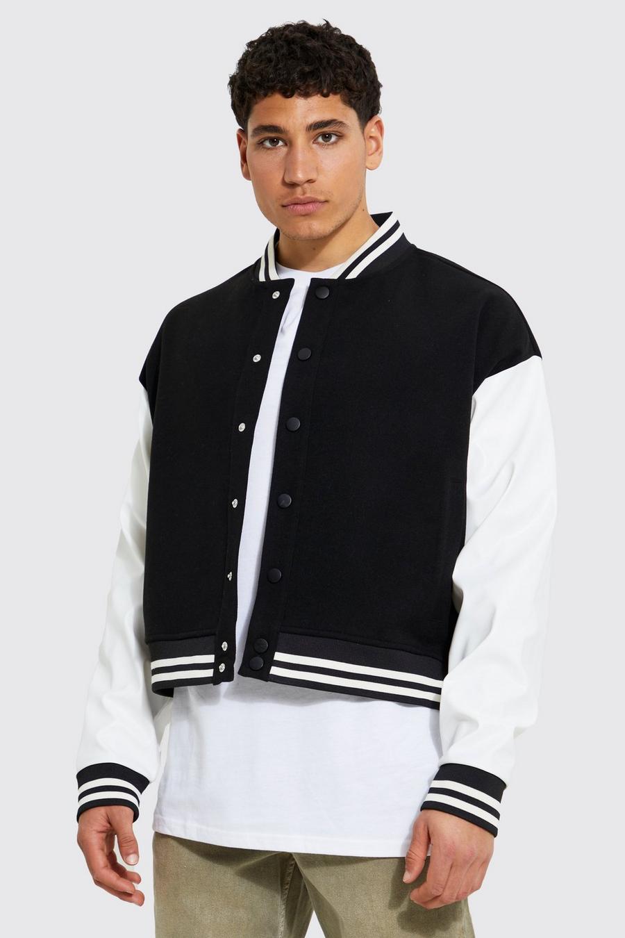 Black Wool Look Contrast Sleeve Boxy Bomber image number 1