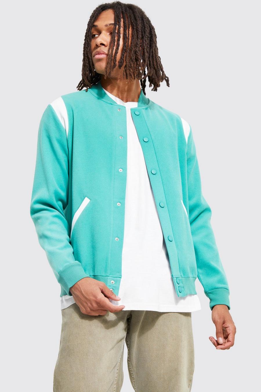 Teal Wool Look Contrast Panel Bomber image number 1