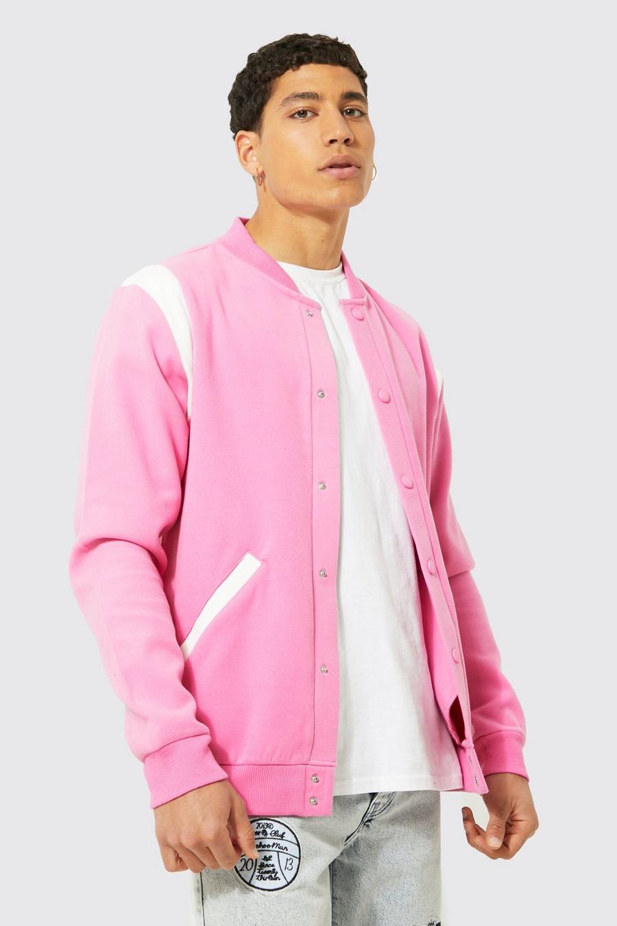 Pink Wool Look Contrast Panel Bomber image number 1