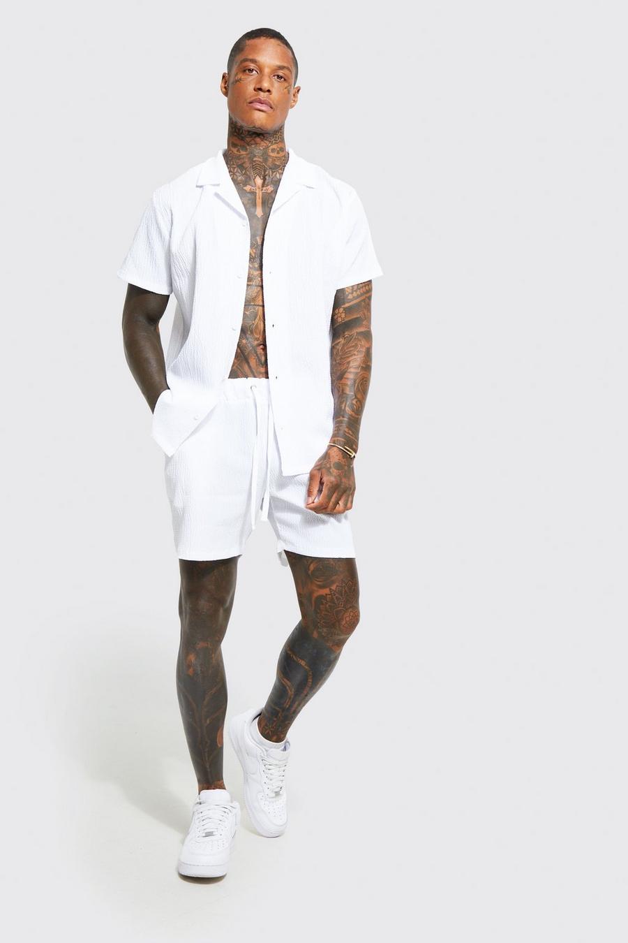 Camicia a maniche corte effetto goffrato & pantaloncini, White image number 1
