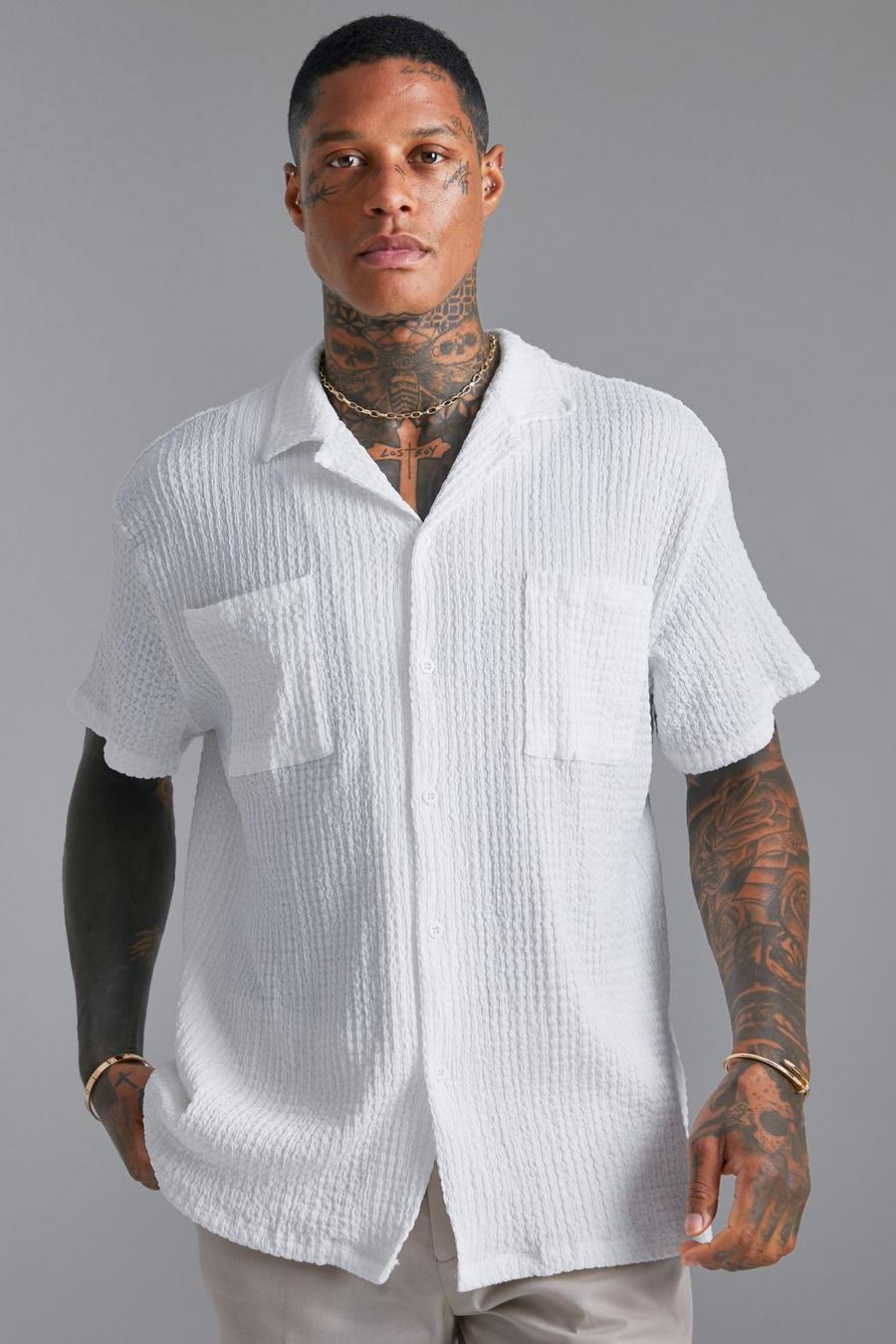 Camisa de manga corta texturizada de tela gofre con solapas, White bianco image number 1