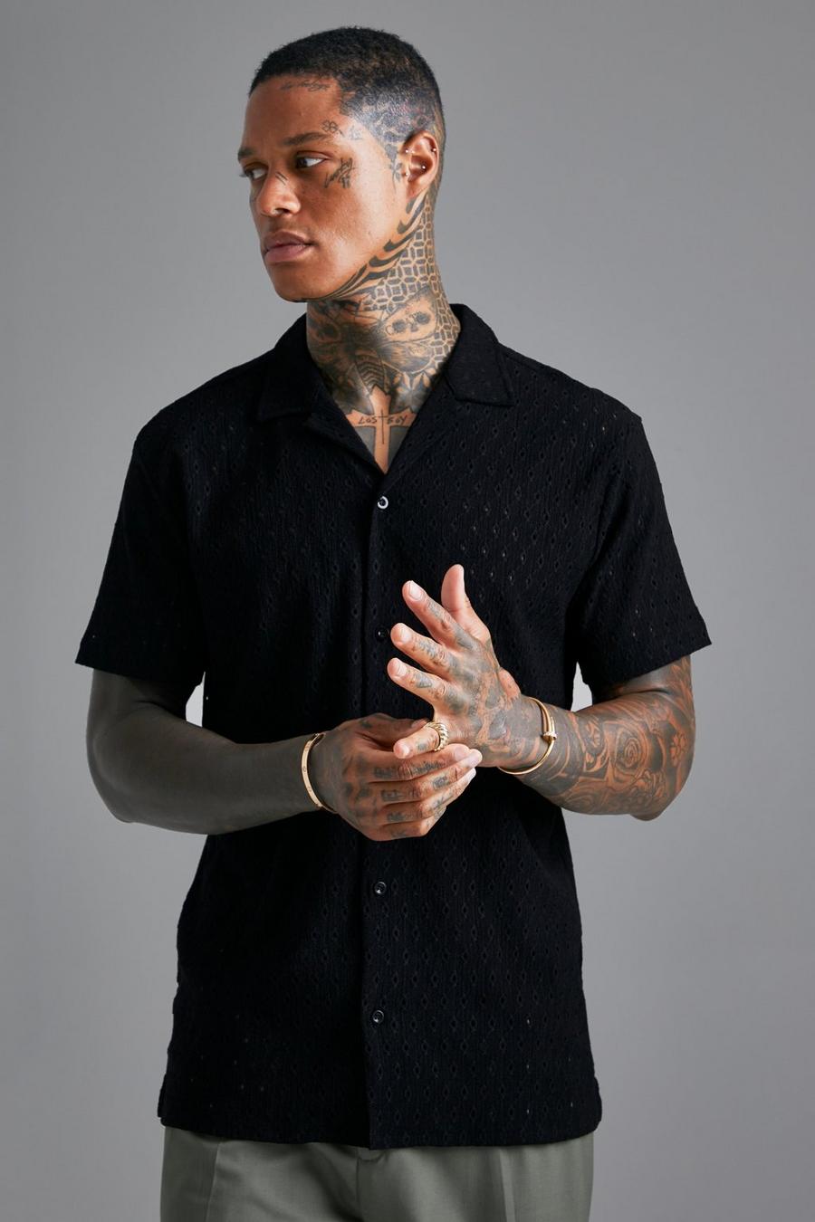 Black Short Sleeve Revere Broderie Shirt