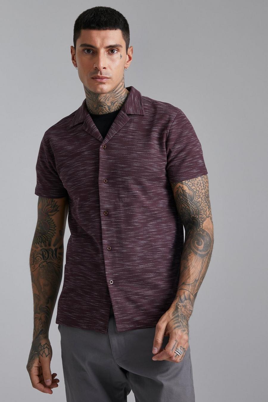 Chocolate Short Sleeve Revere Textured Shirt image number 1