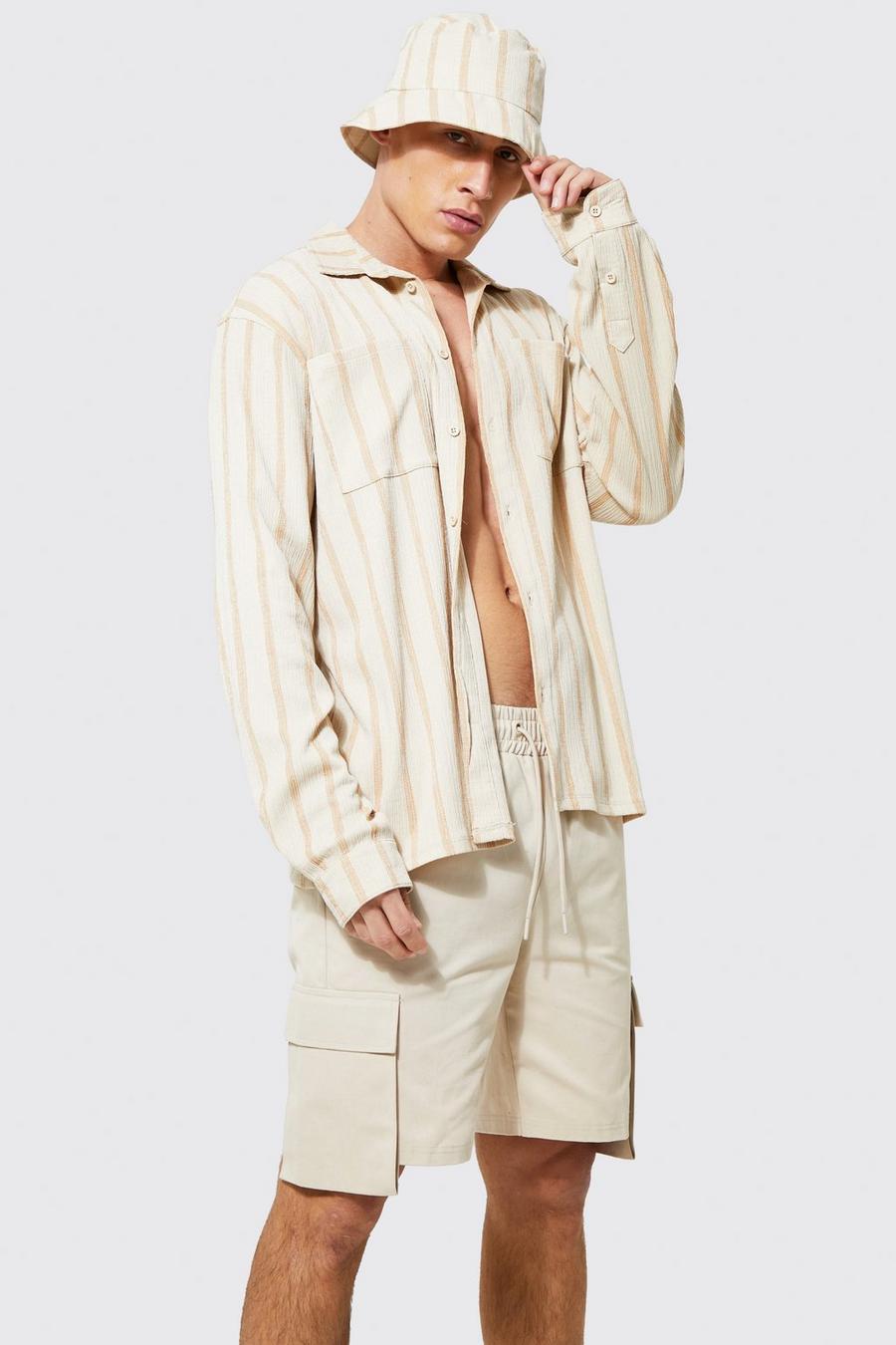 Ecru blanc Long Sleeve Stripe Crinkle Textured Shirt