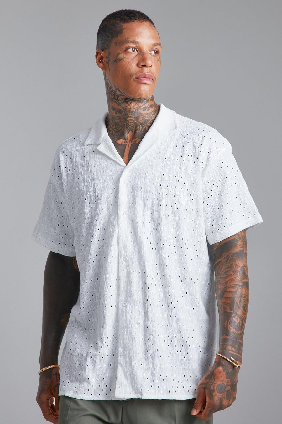 White Oversized Short Sleeve Revere Broderie Shirt image number 1
