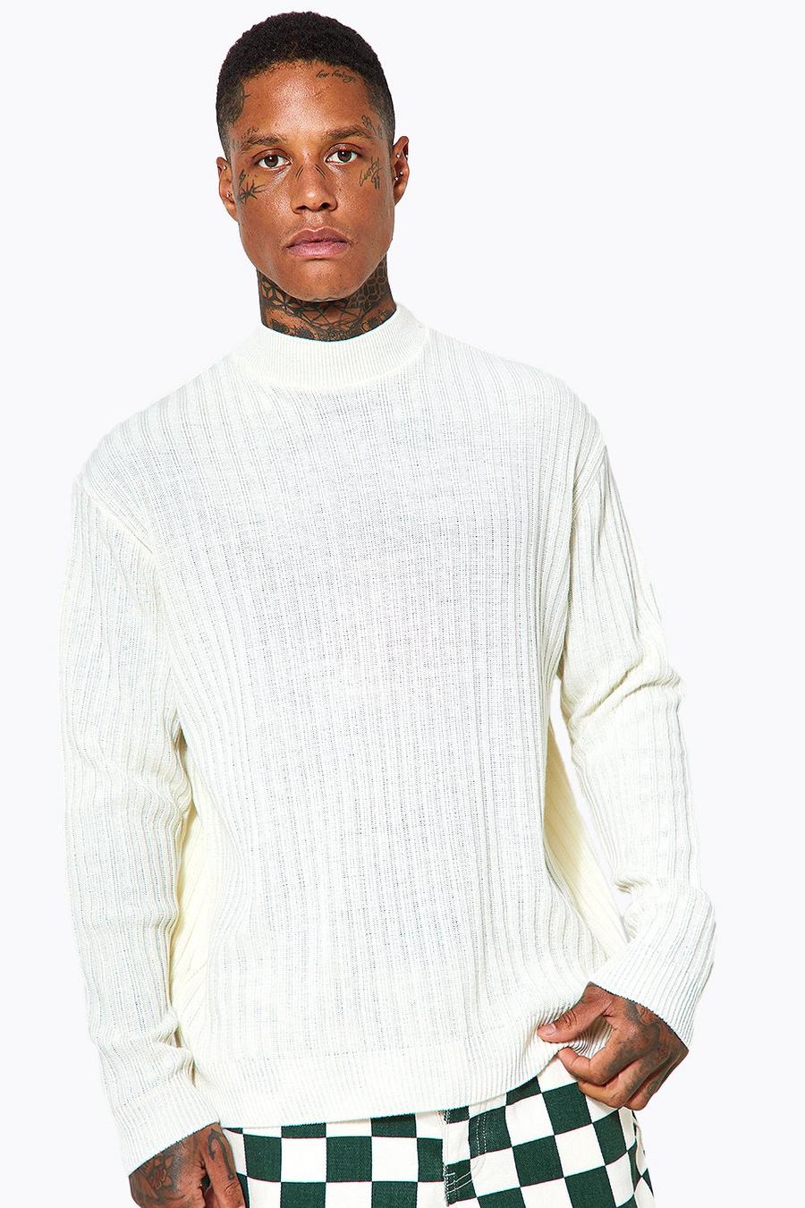 Maglione oversize in maglia a coste con girocollo esteso, Cream bianco