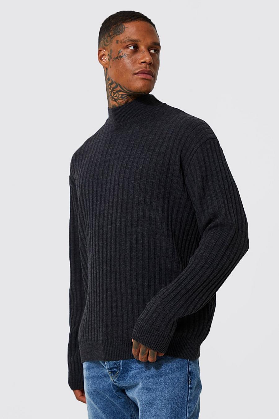 Charcoal Extended Neck Ribbed Oversized Knitted Jumper image number 1