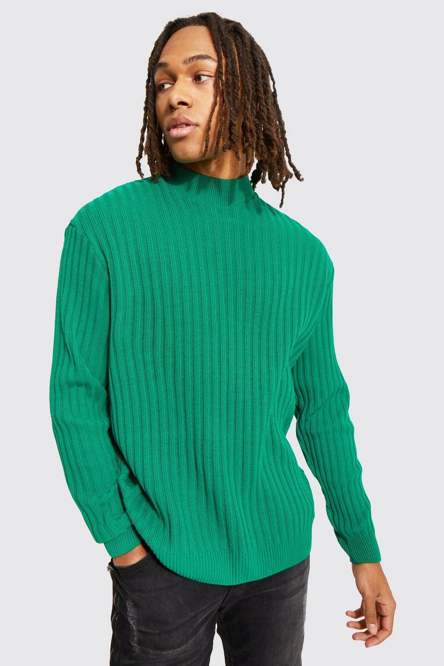 Green Extended Neck Ribbed Oversized Knitted Jumper